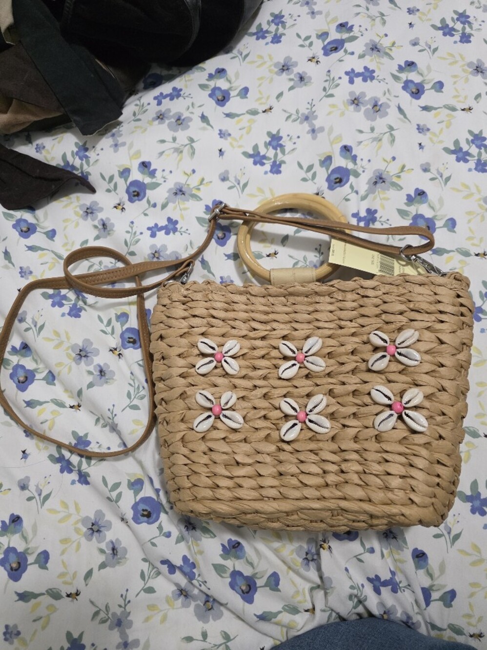 Natural Straw Crossbody Bag with Shell Flower Accents - Tan